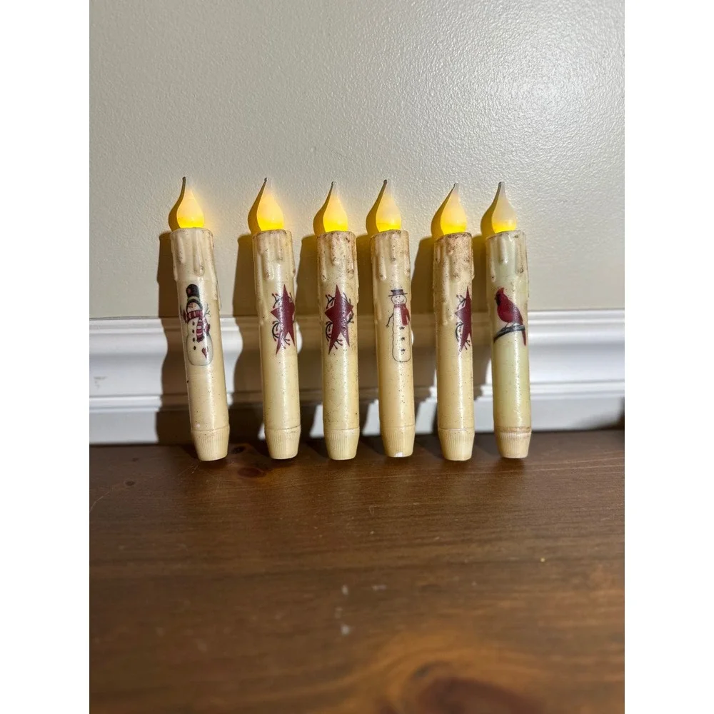 Set of 6 Primitive LED Window Taper Candles Snowman Star Cardinal Holiday Decor - Picture 4 of 5
